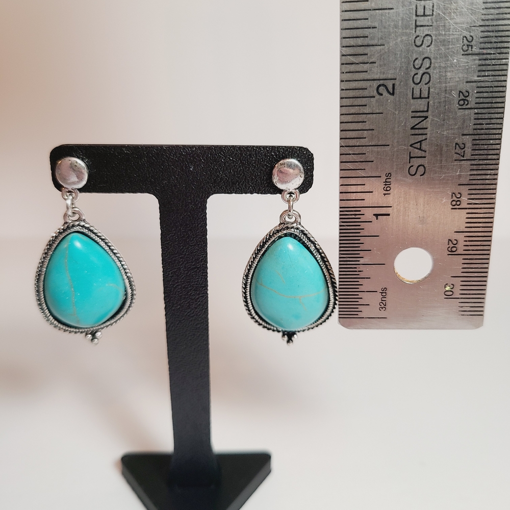 Turquoise Teardrop Silver Tone Earrings - Picture 7 of 7